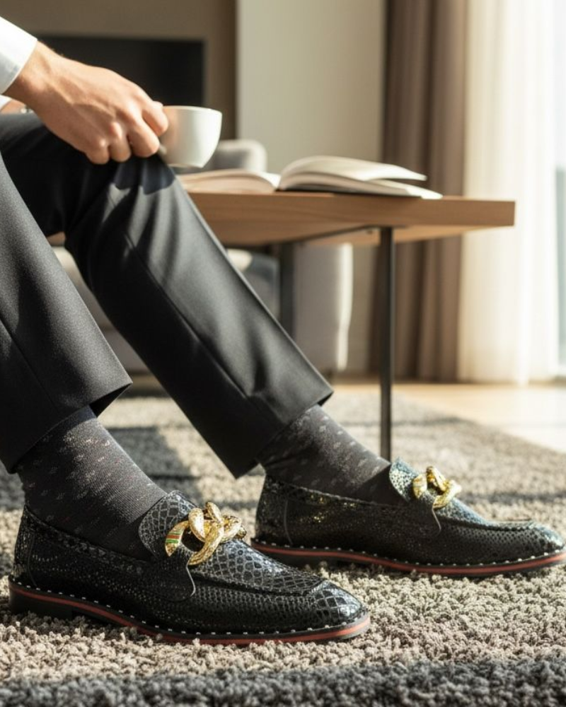 Untitled design (97) Carlo Black Designer Cuban Heel Loafer With Golden Buckle - Image 1