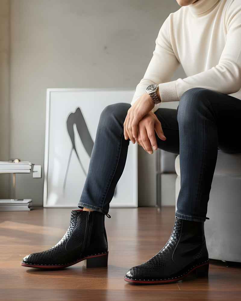 Untitled design (9) Marco Black Cuban Heel Designer Chelsea Boot With Silver Stud - Image 1