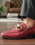 Charming Red Designer Loafer With Golden Buckle - Image 2